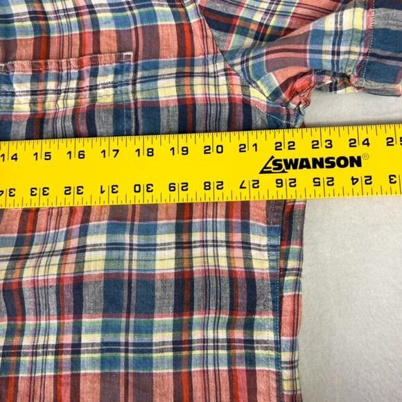 Lucky Brand Shirt Men's Size Large Red Blue Linen Plaid Short Sleeve Button Down - Picture 3 of 11